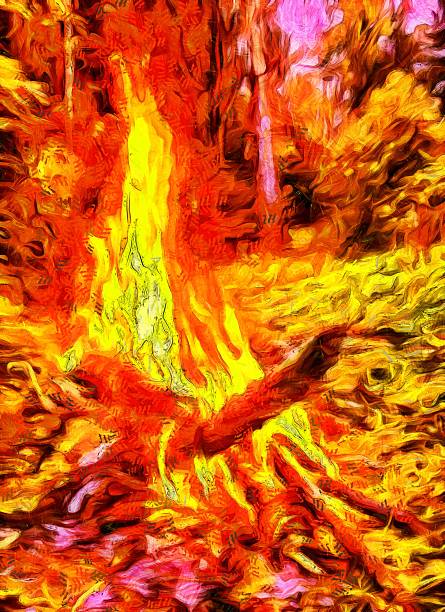 Fire In Forest Night Psychedelic Art Painting Stock Photo