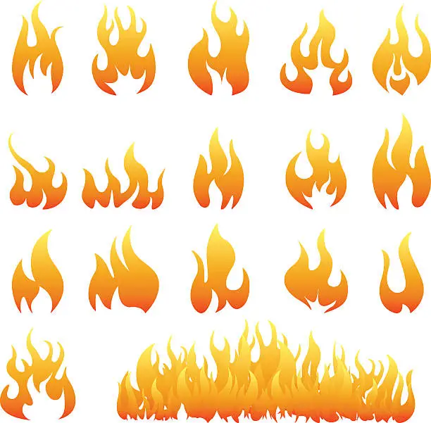 Vector illustration of Multiple orange fire icons in different shapes and sizes 