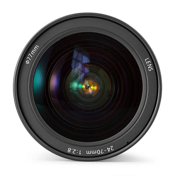 Photo zoom lens Front view of camera zoom lens over white background. telephoto lens stock pictures, royalty-free photos & images