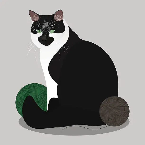 Vector illustration of Cat sitting with yarn balls. Vector illustration.