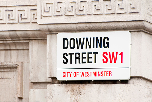 Close-up of Downing Street placard