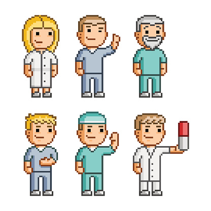Pixel art collection of different characters doctors