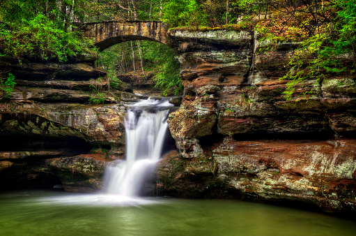 Upper Falls at Old Man's Cave in Hocking Hills Ohio. This is a very popular tourist attraction in Ohio.