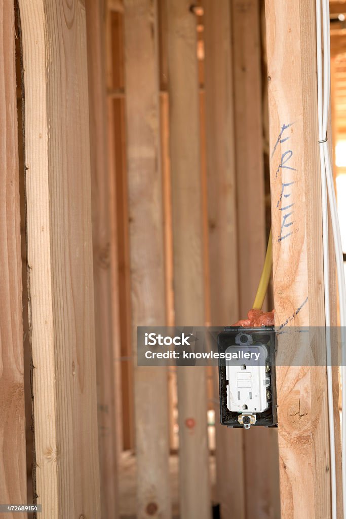 New home construction details Construction outlet in an unfinished wall Construction Industry Stock Photo