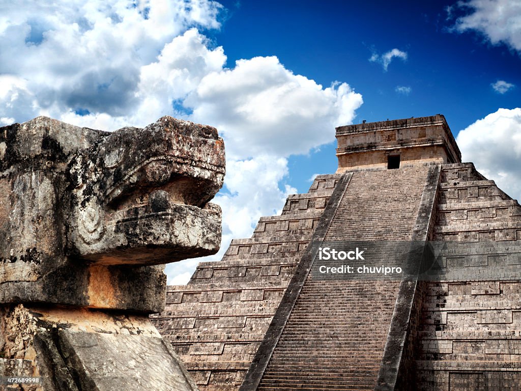 Great Mayan pyramid and sacred snake in Chichen-Itza, Mexico Mayan pyramid Chichen-Itza with Sacred Snake of Maya on foreground. Mexico. One of New7Wonders of the World. UNECSO World Heritage Sites. Mayan Stock Photo