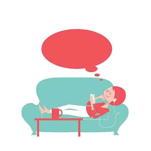 Vector illustration of Happy thoughtful woman using smart phone lying on the sofa