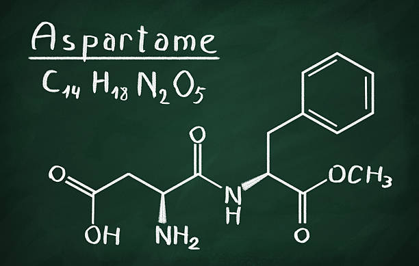 Aspartame Chemical formula of Aspartame on a blackboard chemical formula for aspartame stock pictures, royalty-free photos & images