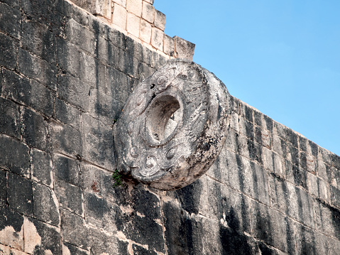 The Ballgame ring in Mayan pyramids complex Chichen-Itza in Merida district, Mexico. Famous landmark of peninsula Yucatan. One of New7Wonders of the World. UNECSO World Heritage Sites.
