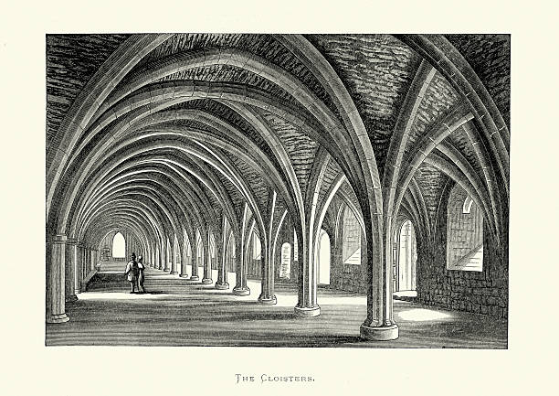 Fountains Abbey - The Cloisters Vintage engraving of Fountains Abbey, one of the largest and best preserved ruined Cistercian monasteries in England. It is located approximately three miles south-west of Ripon in North Yorkshire. The abbey operated for over 400 years, until 1539, when Henry VIII ordered the Dissolution of the Monasteries. cloister stock illustrations