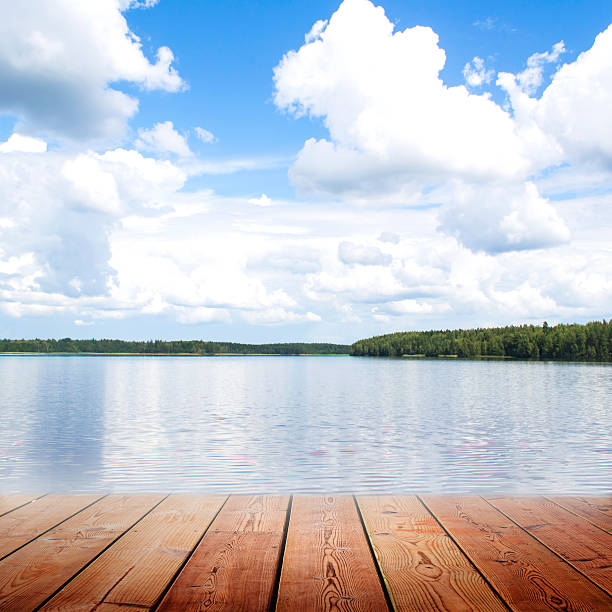 istock Empty wooden bridge and riverwith blue sky  background 472695794