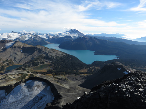 An awe-inspiring view of Garibaldi Lake, Mt Garibaldi and the rest of the Provincial Park from the summit of Black Tusk between Squamish and Whistler, British Columbia