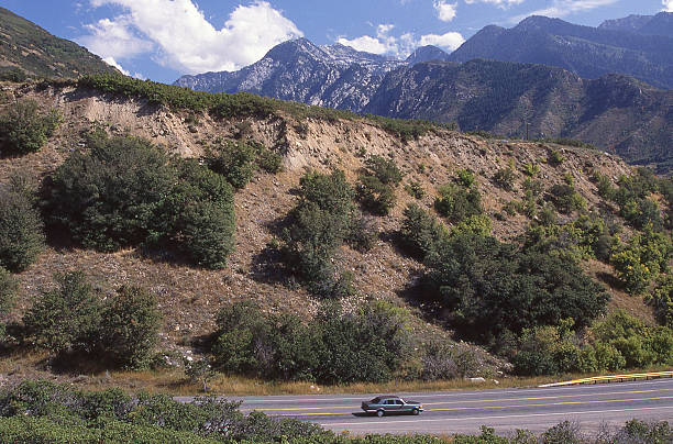 Wasatch Fault Scarp Little Cottonwood Canyon Salt Lake City Utah Wasatch Earthquake Fault Scarp cuts Glacial Moraine Little Cottonwood Canyon Salt Lake City Utah fault geology stock pictures, royalty-free photos & images