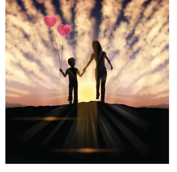 Vector illustration of Mother's Day background[Mother and child in the sunset]