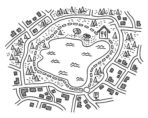 Vector illustration of Hiking Map Path Around Lake Drawing