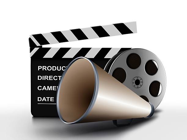 istock Megaphone and film reel with clapper board 472702426