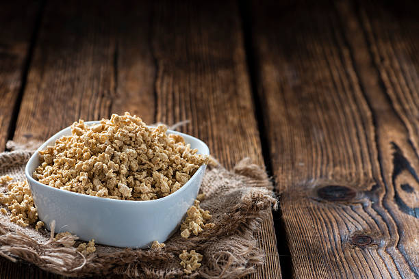 istock Wooden background with Soy Meat 472703964