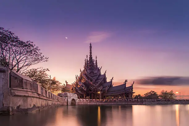 Photo of Sanctuary of Truth, Wooden temple construction at sunset in Thai