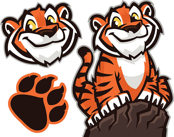 Tiger cub pack This is a great image to add to your school or youth sports designs. This youthful Tiger has a real friendly attitude as he or she climbs the rocks to success. This animal pack comes with a separate head and paw. smiling tiger stock illustrations