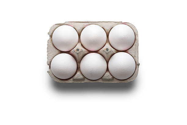 alto ángulo foto de estudio de seis blanco huevos en caja - media docena de huevos fotografías e imágenes de stock