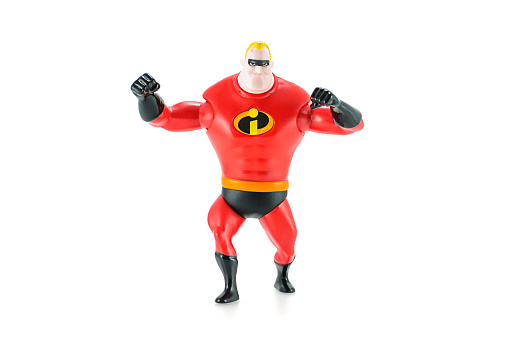 Bangkok, Thailand - May 5, 2015: Mr. Incredible Bob Parr figure toy character from Disney Pixar animated film The Incredibles. There are plastic toy sold as part of the McDonald's Happy meals.