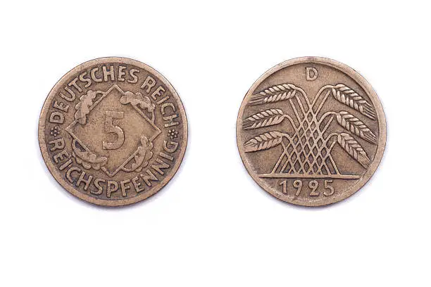 A five Pfennig coin from Germany. It was minted in 1925 and features a cereal crop on the reverse side