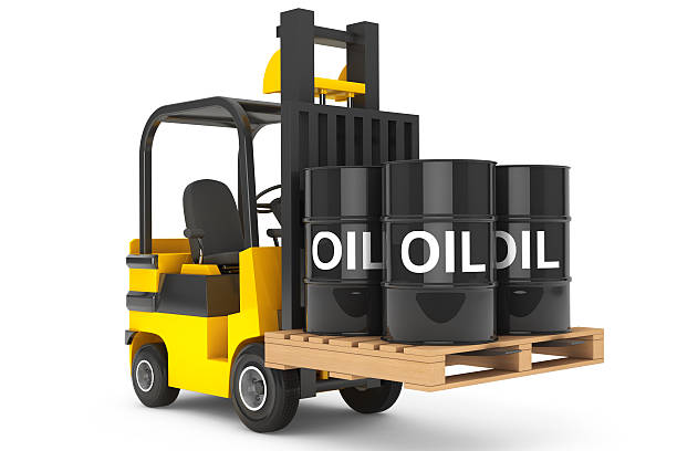 istock Forklift Truck with Oil Barrels over Pallet 472716220