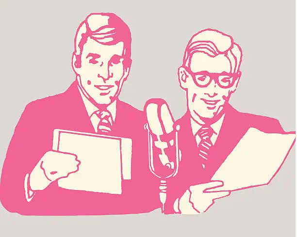 Vector illustration of Two Men Speaking into Microphone