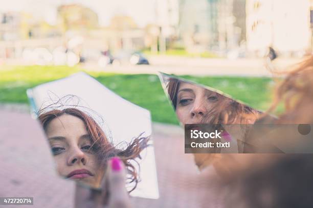 Beautiful Girl Posing In The City Streets Stock Photo - Download Image Now - Broken, Mirror - Object, One Woman Only