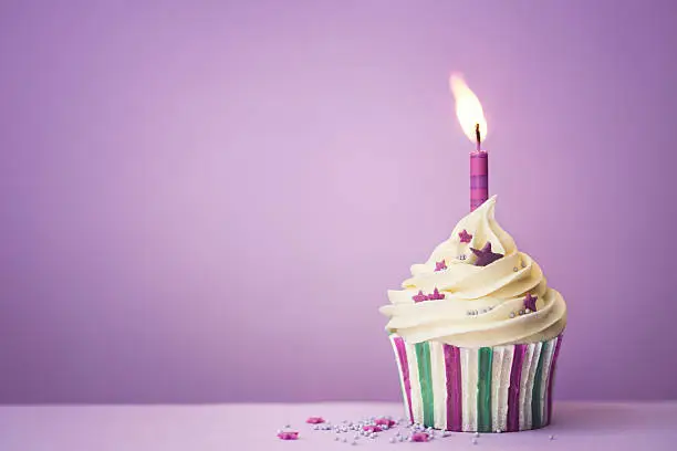 Purple birthday cupcake with copyspace to side