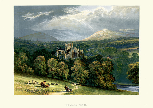 Vintage colour engraving of Melrose Abbey. St Mary's Abbey, Melrose is a partly ruined monastery of the Cistercian order in Melrose, Roxburghshire, in the Scottish Borders. It was founded in 1136 by Cistercian monks on the request of King David I of Scotland, and was the chief house of that order in the country until the Reformation.
