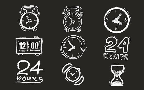 ilustrações, clipart, desenhos animados e ícones de giz bordo com diferentes tipos de relógios. - ponteiro de relógio