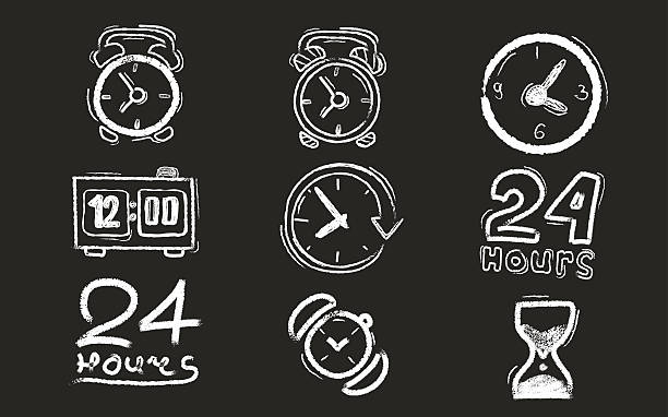 Chalk board with different types of clocks. Different type of clock and watch set made in vector chalk. time drawings stock illustrations