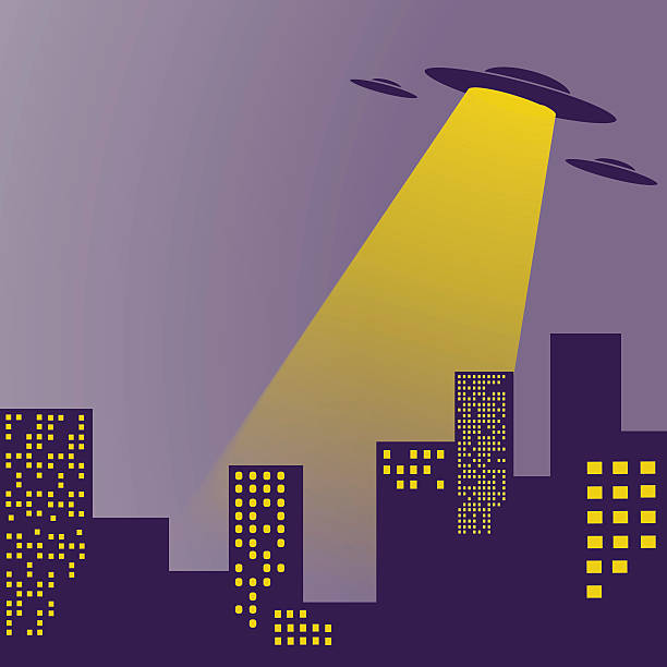 Science banner. Vector brochure with cityscape and ufo. alien invasion stock illustrations