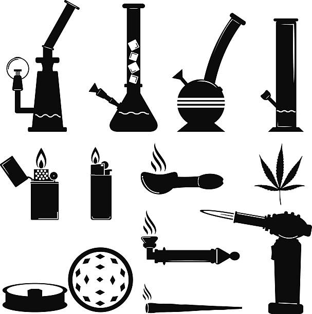 set of cannabis equip icon cannabis, kush, equip, drug, icon, smoker, smoke, lighter, torch, ice, bong, vector, illustration, acrylic, glass, bamboo, butane hash oil, wax, water, smoke on the water, joint, pipe, grinder, leaf, ganja, happy, smile, equipment, item, black, white, isolate, hippie, rasta, freedom, independent, organic, life, hash, hashish, cut, shape, silhouette, bong stock illustrations