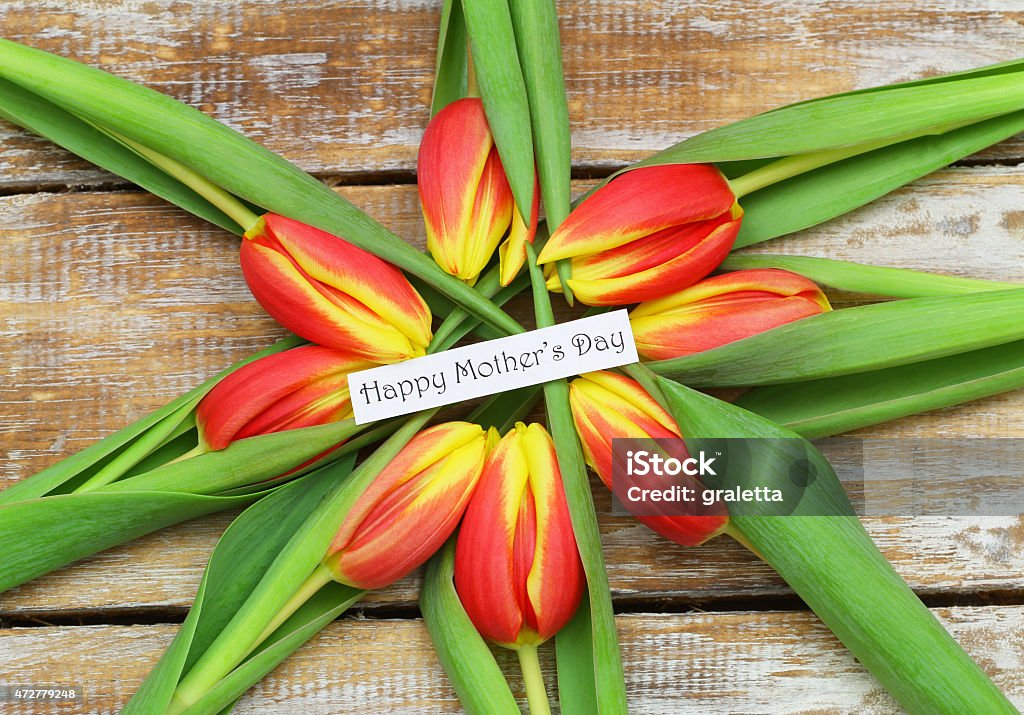 Happy Mother's day card with red and yellow tulips Happy Mother's day card with red and yellow tulips on rustic wood 2015 Stock Photo