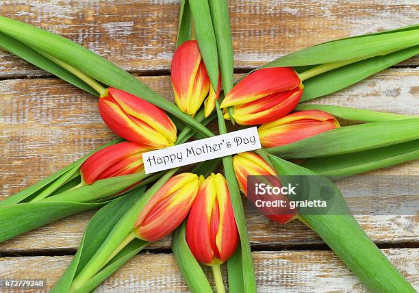 Happy Mothers Day Card With Red And Yellow Tulips Stock Photo - Download Image Now - 2015, Bouquet, Circle