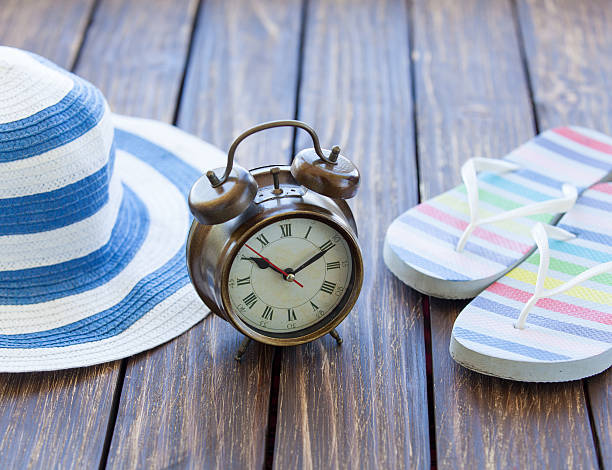 istock Alarm clock and hat with flip flops 472779318