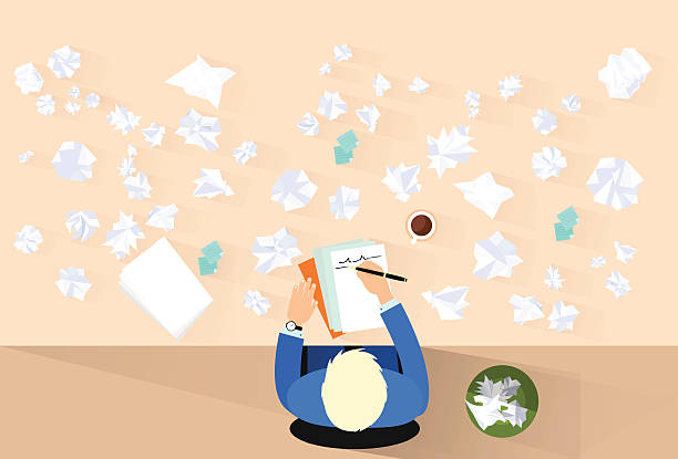 Businessman Pen Write, Crumpled Papers Around, Problem Concept Businessman Pen Write, Crumpled Papers Around, Problem Concept Top View Above Desk Flat crumbled piles of paper desk stock illustrations