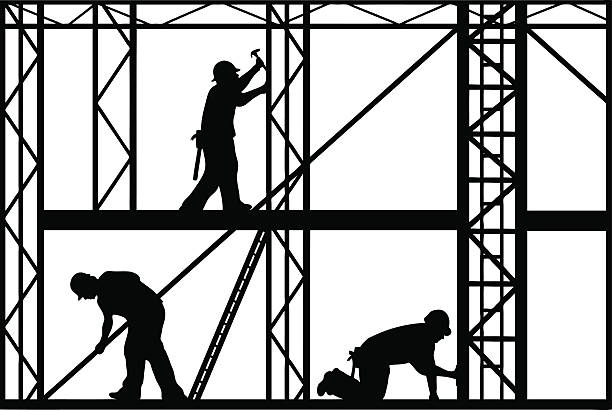 ilustraciones, imágenes clip art, dibujos animados e iconos de stock de trabajadores de la construcción - construction worker silhouette people construction
