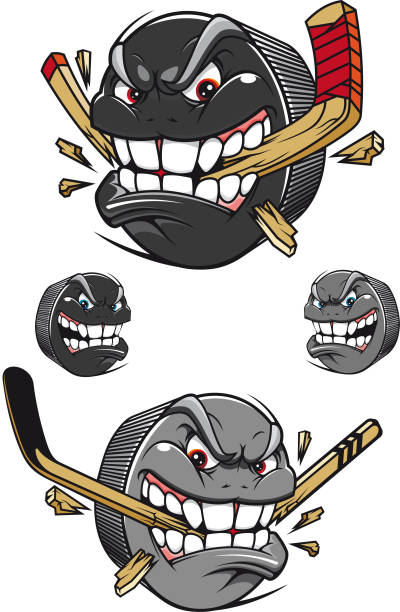 ilustrações, clipart, desenhos animados e ícones de angry mal disco de hóquei chomping um palito  - ice hockey hockey puck playing shooting at goal