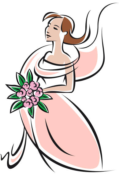 Pretty feminine bride or bridesmaid in pink dress Pretty feminine bride or bridesmaid in pink dress holding a posy of flowers with a swirling train flying up behind, sketch style silhouette of a prom dress sketches stock illustrations
