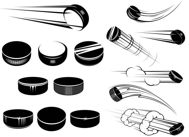 hokej na lodzie pucks zestaw - krążek stock illustrations