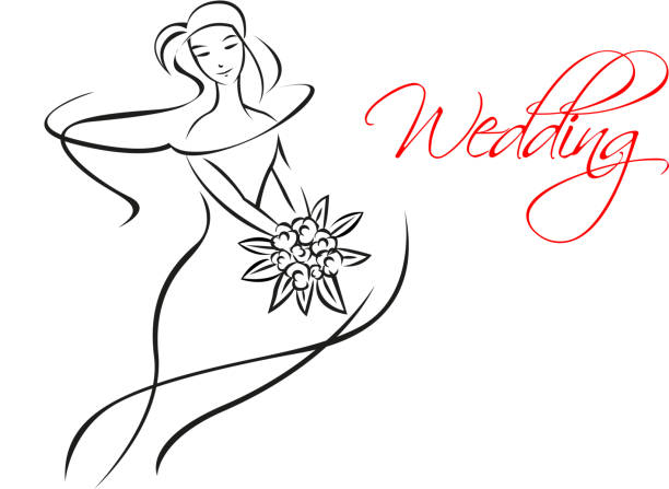 Outline silhouette of bride with flowers Silhouette of young graceful bride in outline style with bouquet of flowers and caption wedding with copy space silhouette of a prom dress sketches stock illustrations