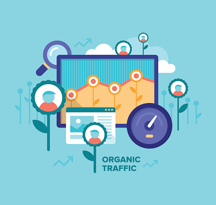 Modern flat design style illustration of driving organic traffic, increasing customers visits number, successful blogging, SEO, online marketing, quality content. Concept of getting organic traffic on a website