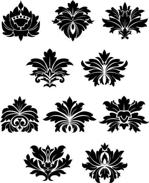 울창한 블랙 꽃무늬 디자인 요소를 - silhouette leaf ornate ancient stock illustrations