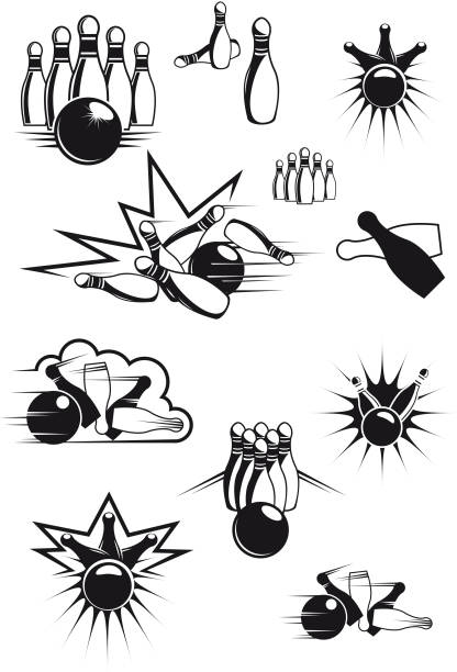 Monochrome bowling balls and ninepins Comic bowling balls and ninepins with motion lines and bang clouds in black and white colors bowling strike stock illustrations