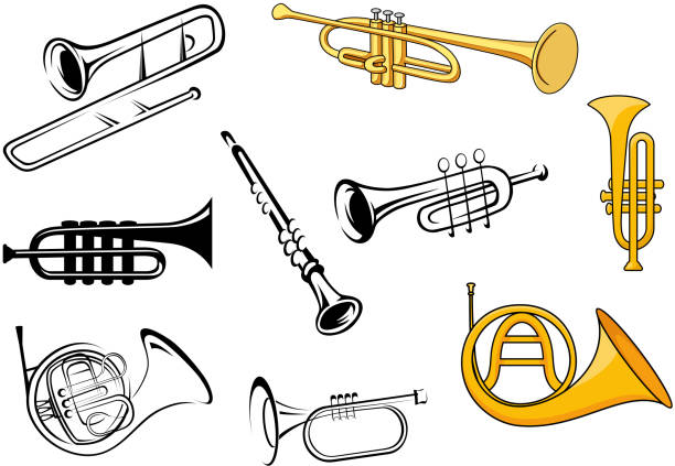 ilustraciones, imágenes clip art, dibujos animados e iconos de stock de instrumentos de viento en bocetos y dibujos de estilo - bugle trumpet jazz music