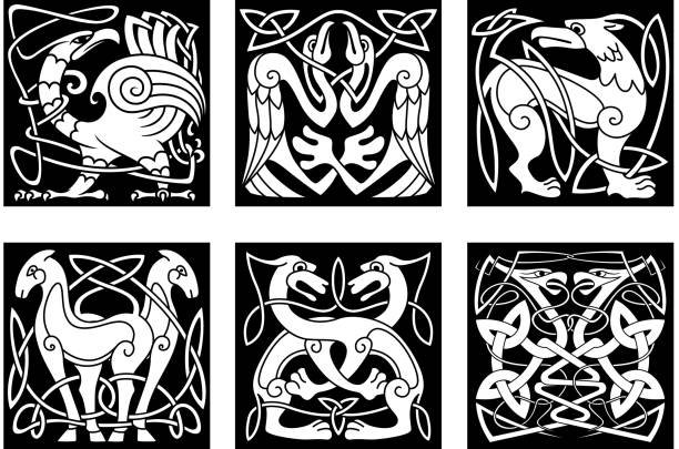 Abstract animals and birds in celtic style Celtic animals and birds with traditional irish ornament on black background for tattoo or heraldry design celtic knot animals stock illustrations