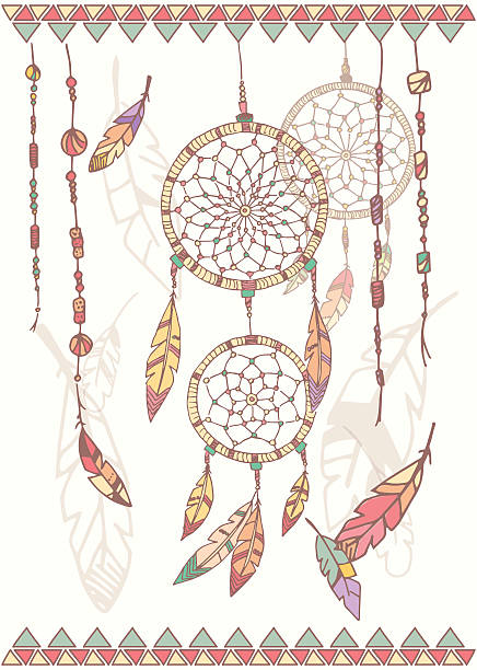 Hand drawn native american dream catcher, beads and feathers Hand drawn native american dream catcher, beads and feathers, vector illustration symbol north american tribal culture bead feather stock illustrations