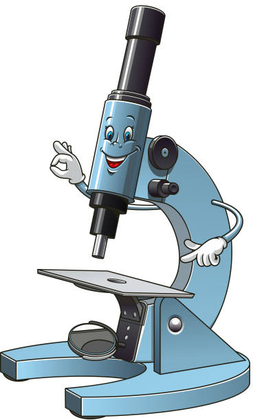 illustrazioni stock, clip art, cartoni animati e icone di tendenza di fumetto di microscopio con campione diapositiva - microscope slide